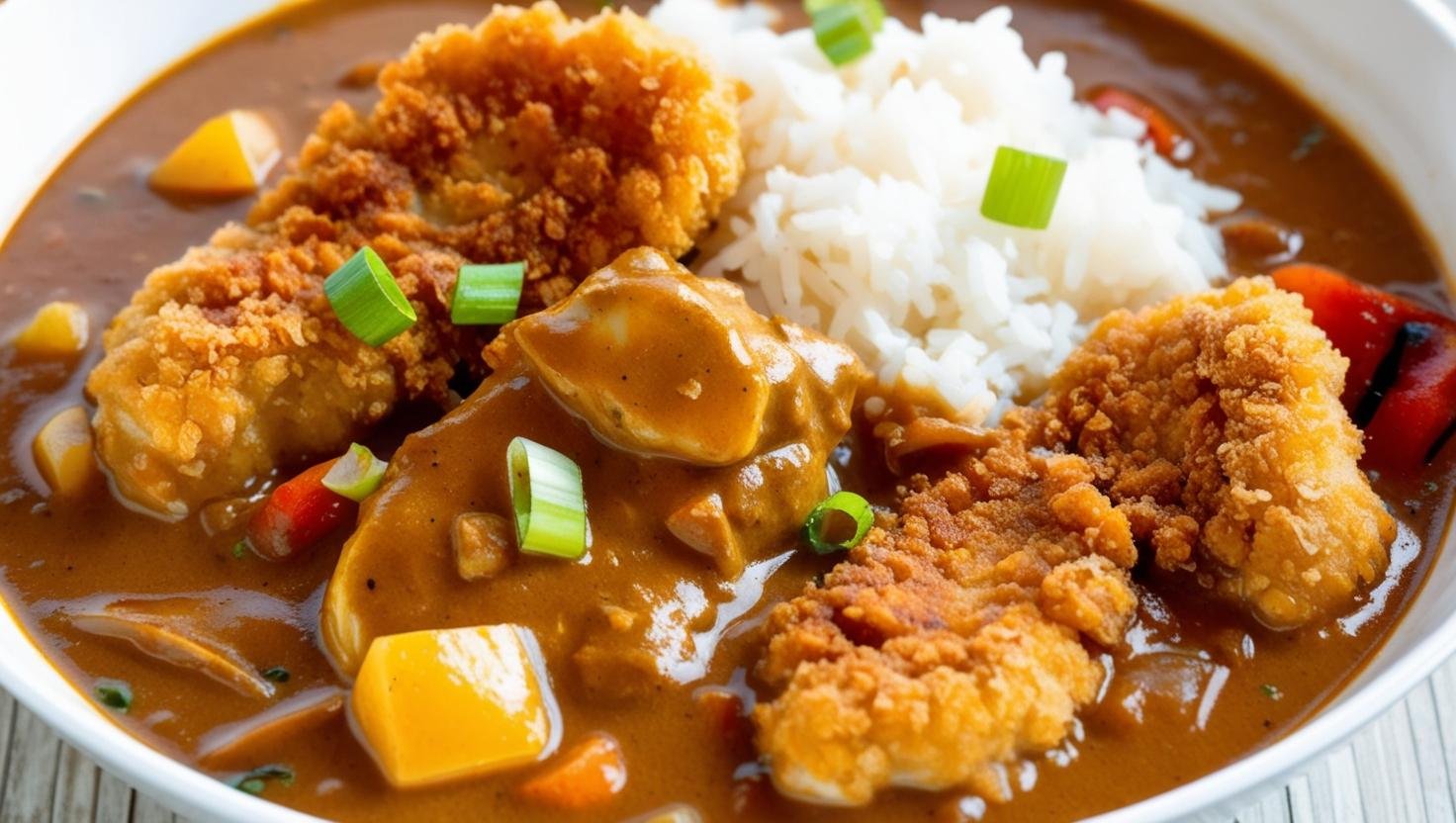 Crispy Chicken Katsu sliced over steamed rice with curry sauce