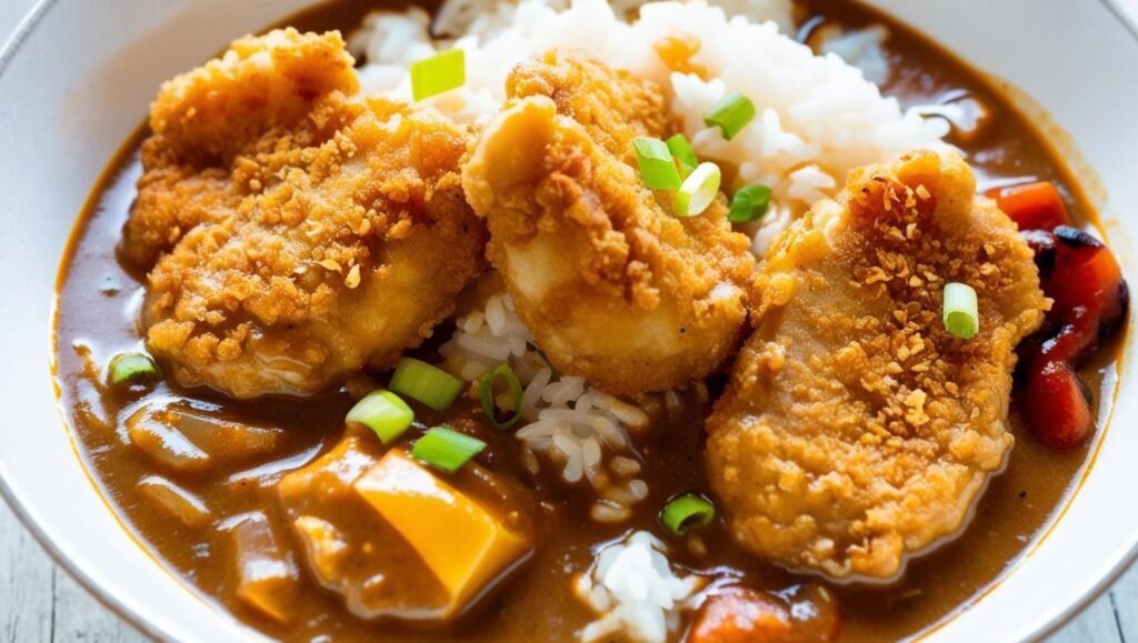 Crispy Chicken Katsu sliced over steamed rice with curry sauce