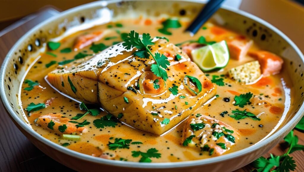 a bowl of soup with a piece of fish and a spoon