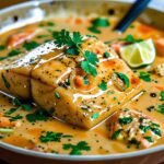 a bowl of soup with a piece of fish and a spoon