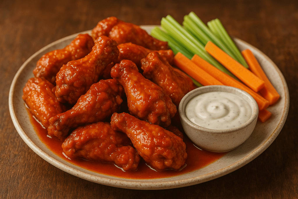Platter of oven-baked buffalo wings with celery, carrot sticks, and ranch dipping sauce.