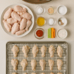 Collage showing ingredients, wings on rack, sauce in pan, and tossing baked wings in buffalo sauce.