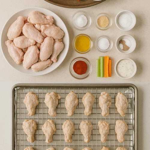 Collage showing ingredients, wings on rack, sauce in pan, and tossing baked wings in buffalo sauce.