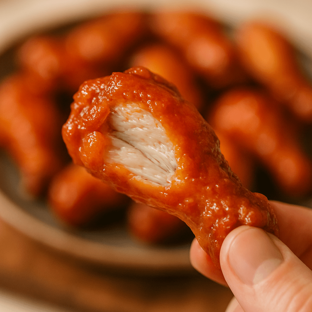 Close-up buffalo wing with a bite taken, showing juicy white meat coated in spicy sauce.