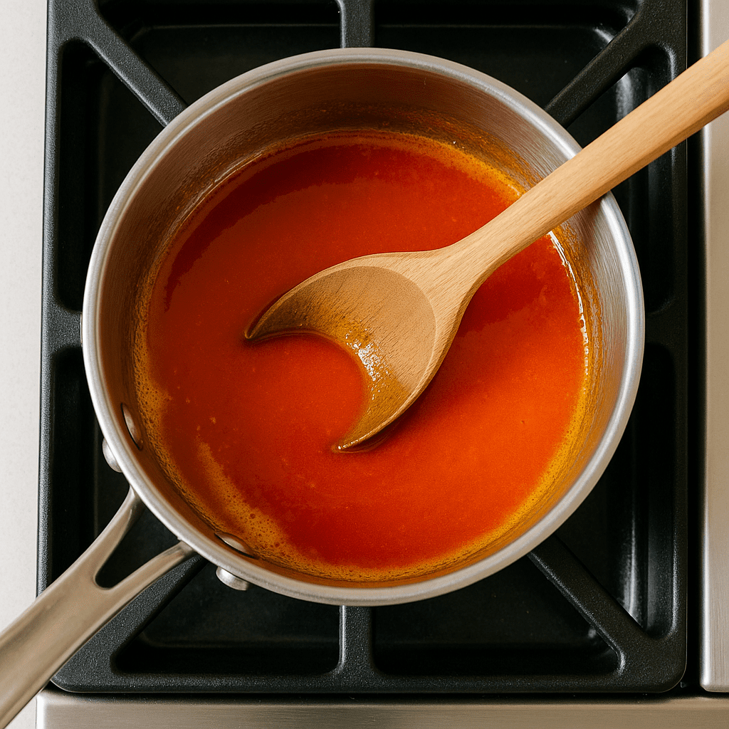 Melted butter and hot sauce simmering in a saucepan, stirred with a wooden spoon for buffalo sauce.
