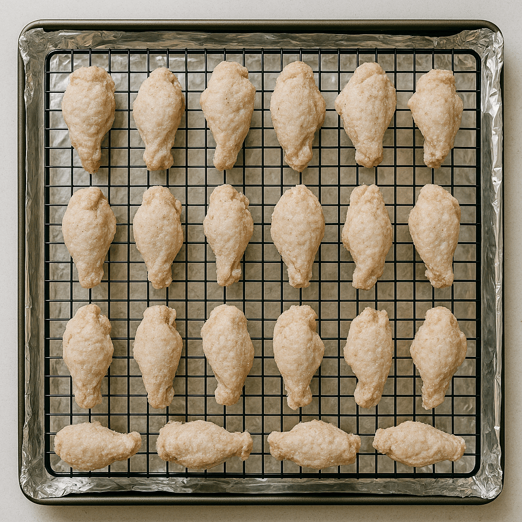 Seasoned chicken wings spaced on a wire rack over a foil-lined sheet pan, ready for the oven.