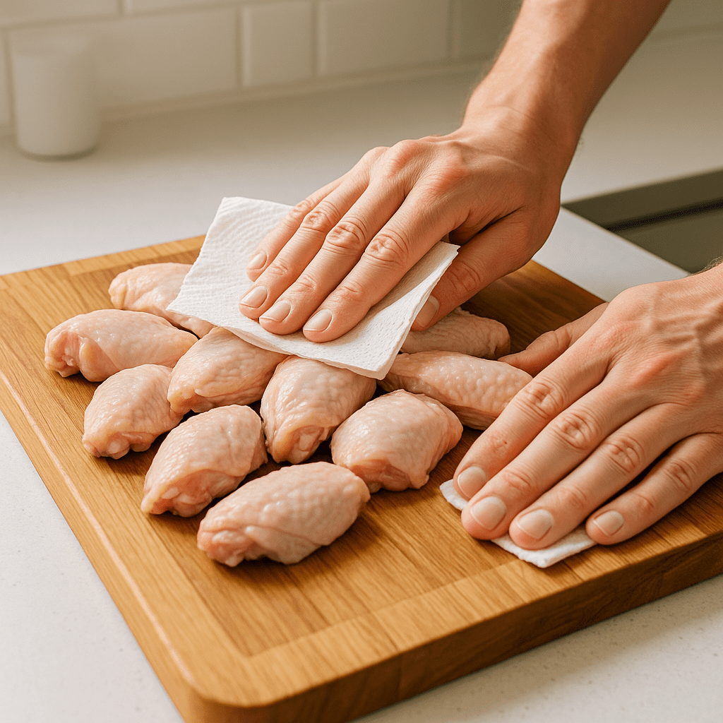 Hands patting raw chicken wings dry with paper towels on a cutting board before seasoning.