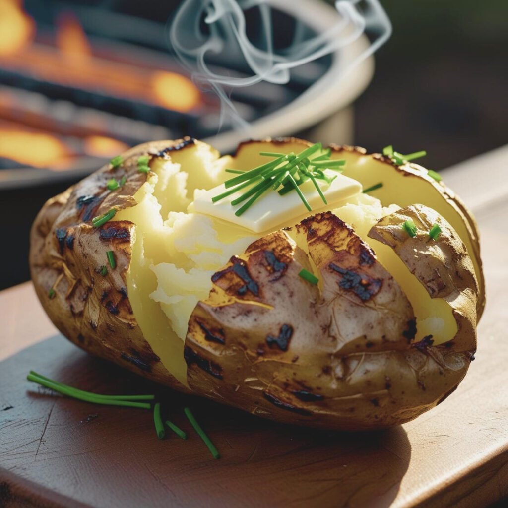Perfectly grilled baked potato with crispy skin and fluffy interior, topped with butter and chives
