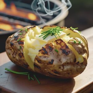 Perfectly grilled baked potato with crispy skin and fluffy interior, topped with butter and chives