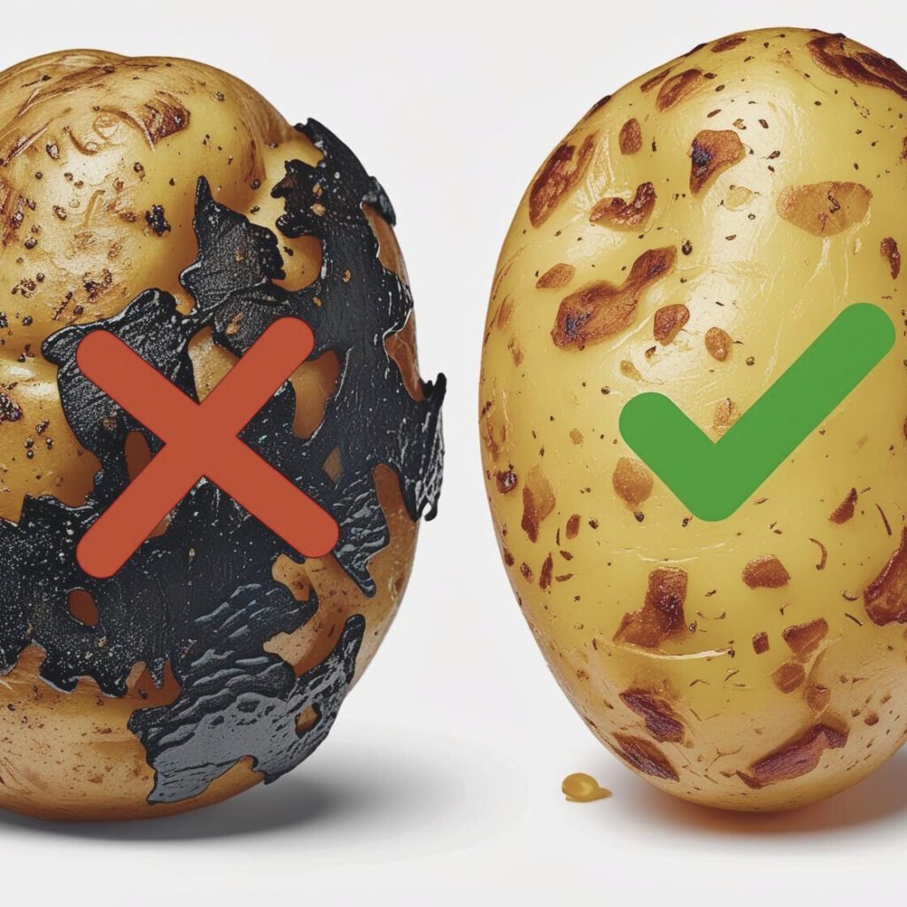 Burnt vs. perfectly grilled baked potato comparison