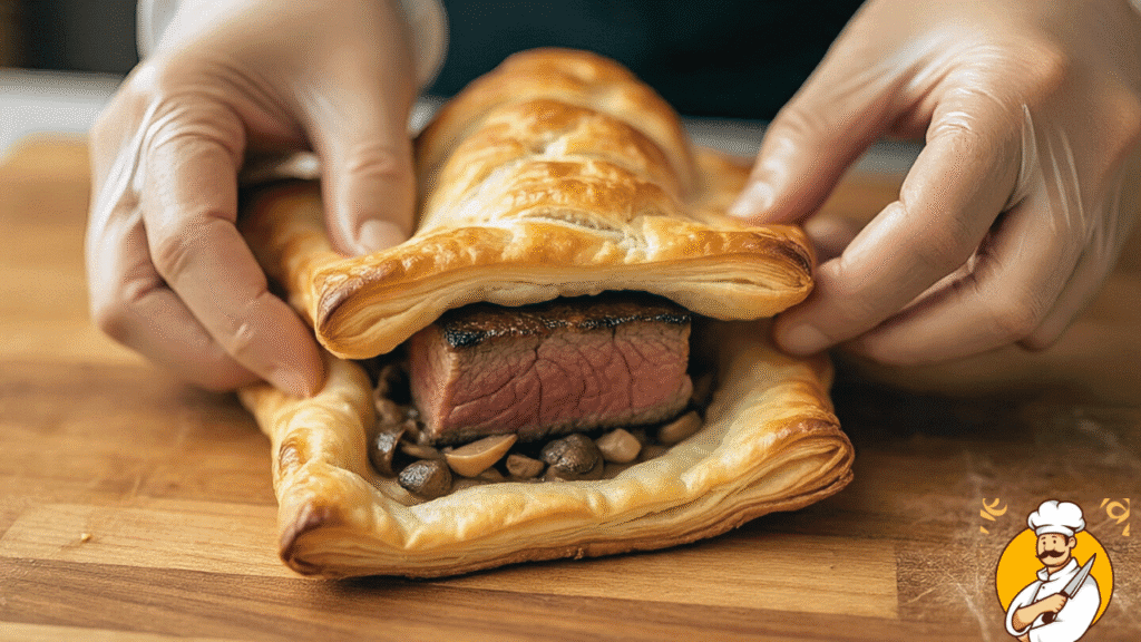 Wrapping Beef Wellington in puff pastry