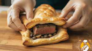 Wrapping Beef Wellington in puff pastry
