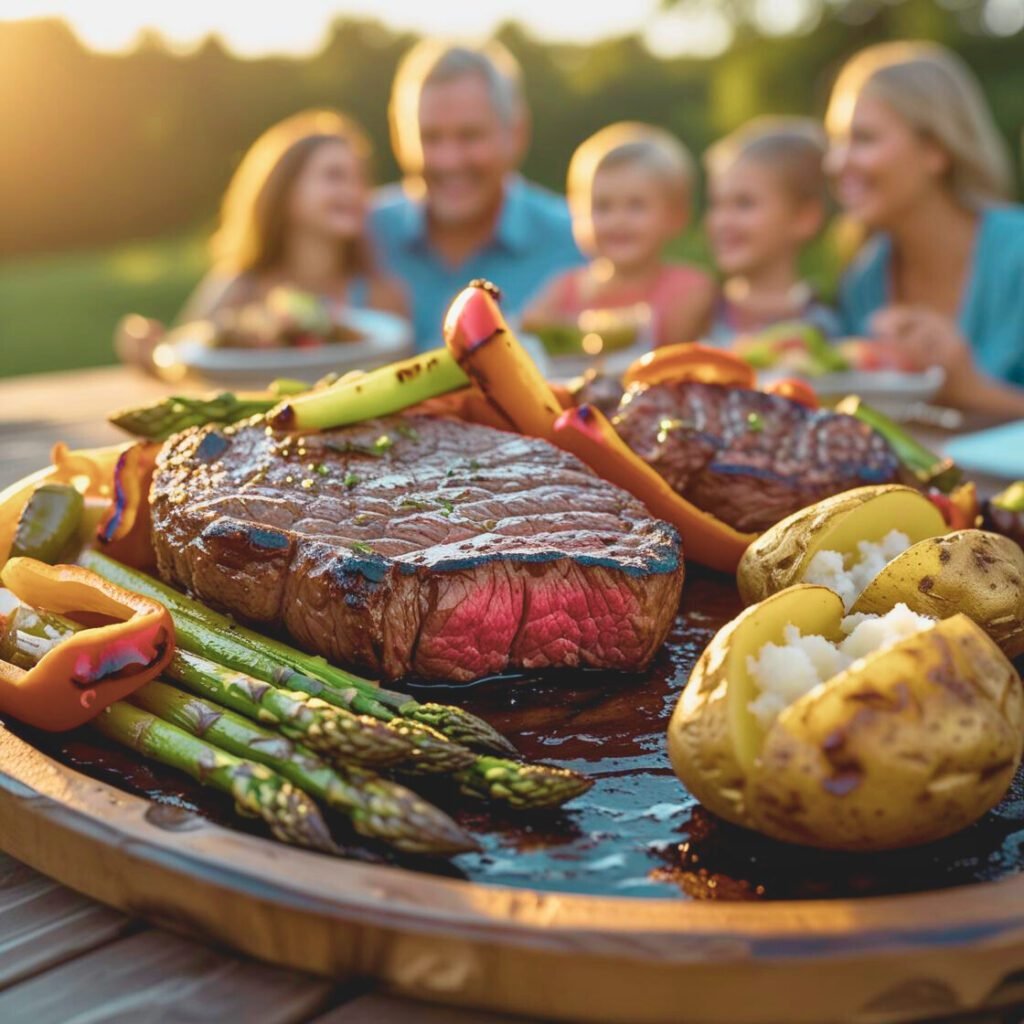 Grilled baked potatoes served with steak and veggies