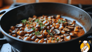 Mushroom duxelles sautéing for Beef Wellington
