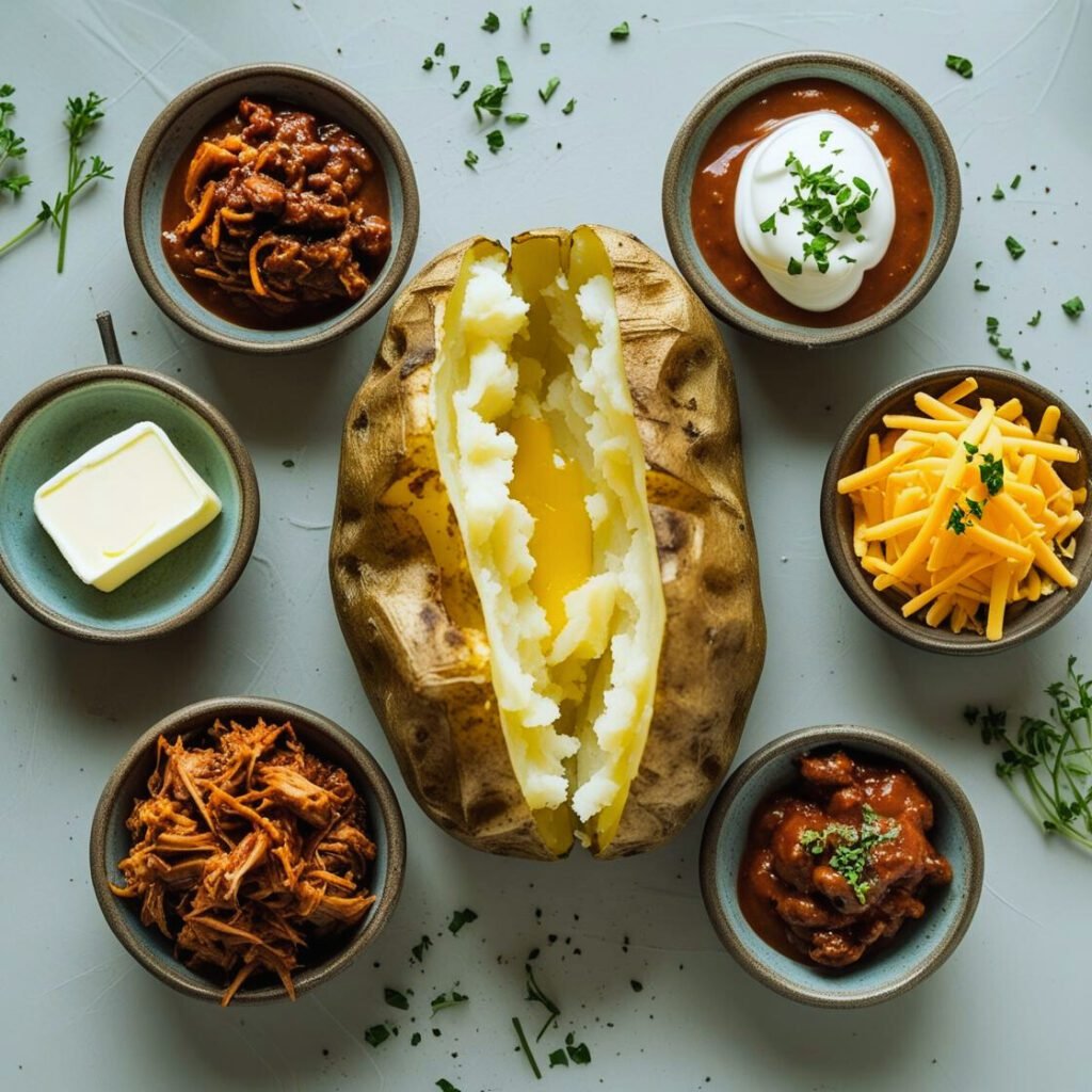 Loaded baked potato toppings: cheese, sour cream, bacon, chives