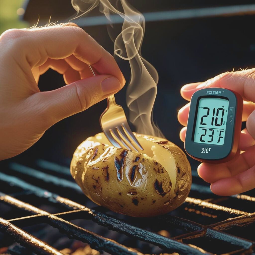 Checking if a baked potato is done with a meat thermometer