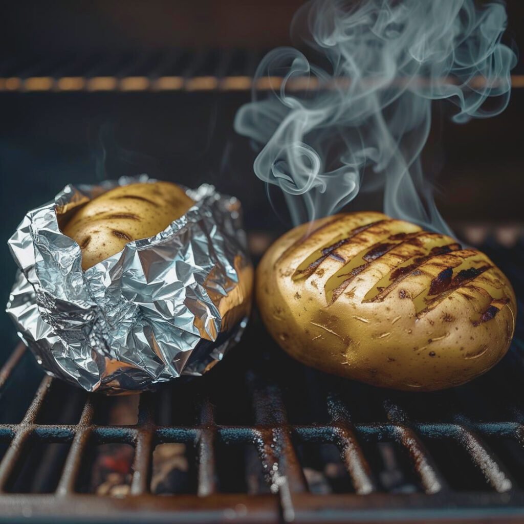 Foil-wrapped and unwrapped potatoes cooking on a grill