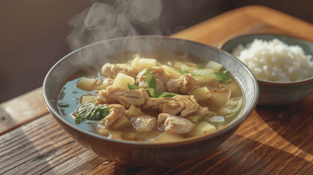 Easy chicken tinola recipe with ginger, bone-in chicken, green papaya, and malunggay leaves served with rice.