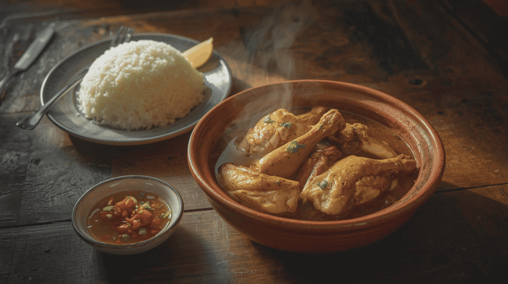 Tinolang manok served hot with rice, fish sauce dip, calamansi, and vegetables in Filipino chicken soup.