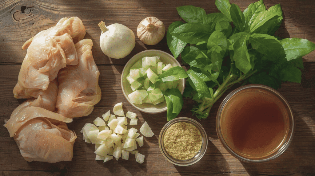 Tinolang manok ingredients for easy chicken tinola recipe with ginger, including chicken, garlic, onion, green papaya, chayote, malunggay leaves, fish sauce, and chicken broth.