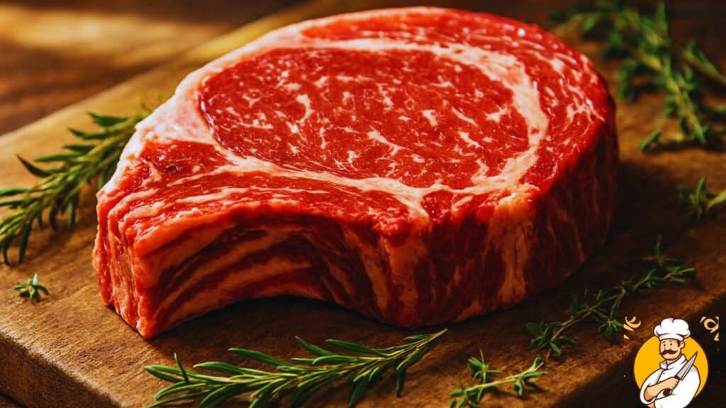 Raw ribeye steak with marbling on wooden cutting board, ready for grilling