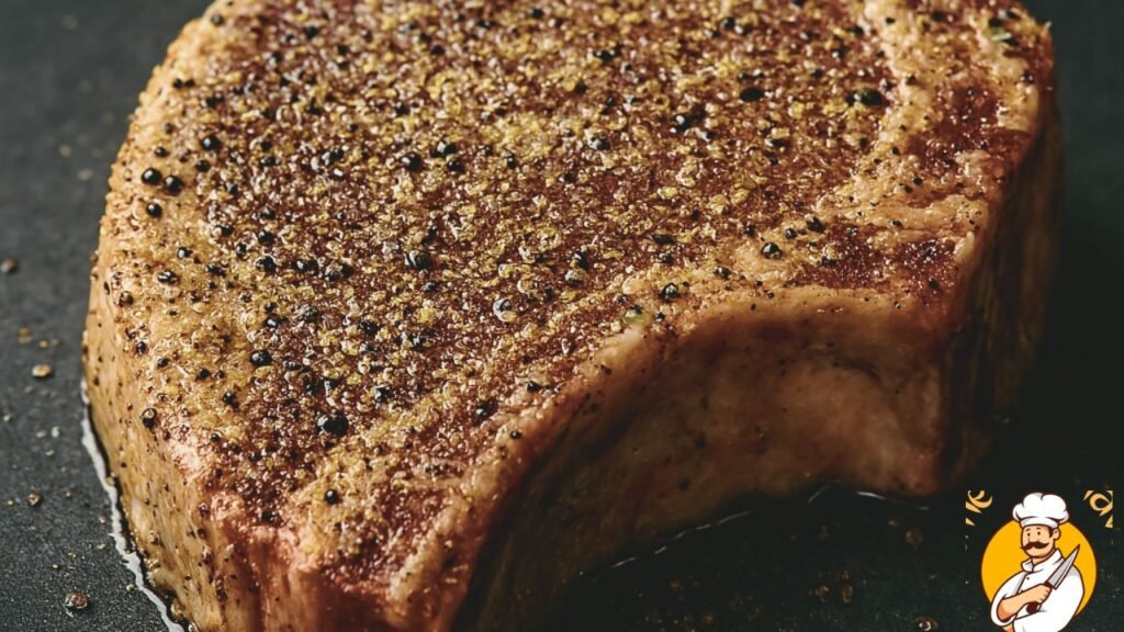 Steak coated with salt, pepper, and garlic powder for grilling