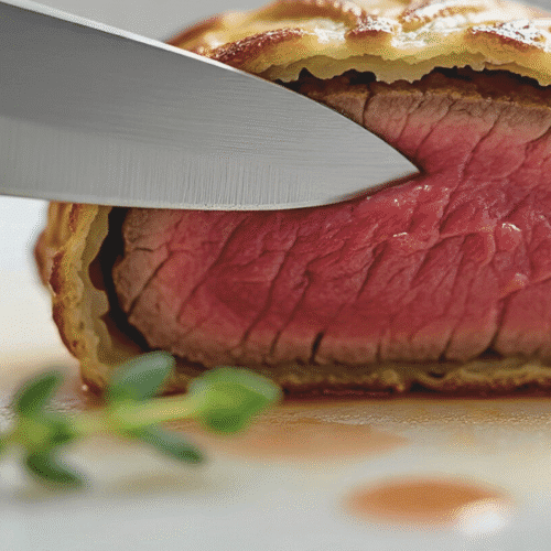 Close-up of sliced Beef Wellington