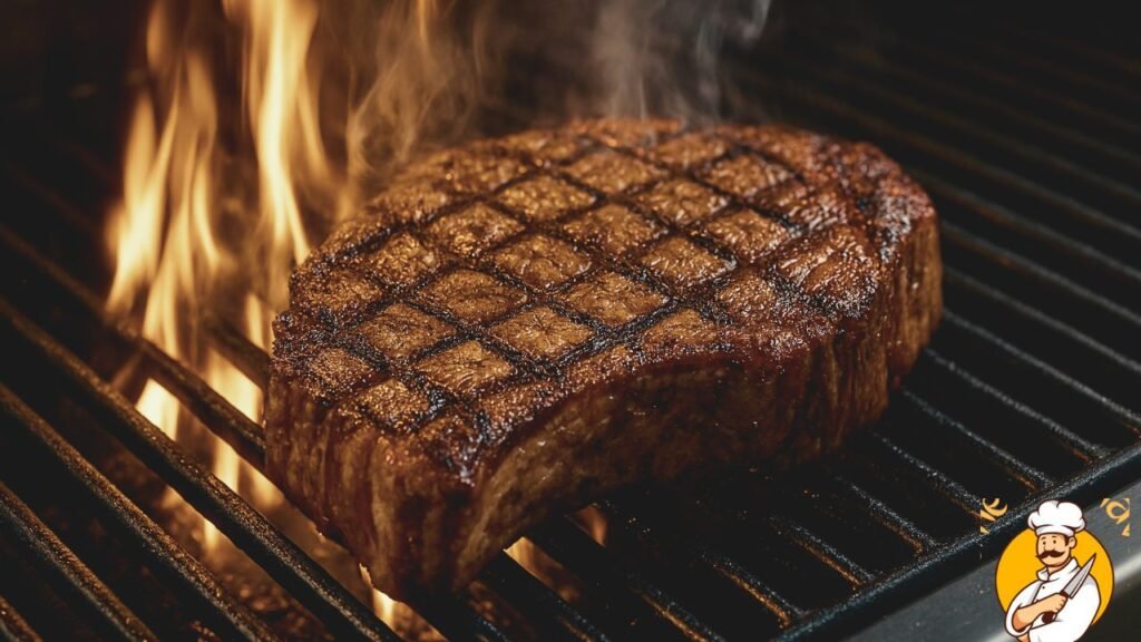 juicy steak searing on gas grill with crosshatch grill marks