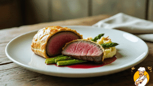 Sliced Beef Wellington with mashed potatoes and asparagus