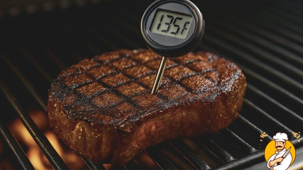 Digital thermometer in medium-rare steak showing 135°F