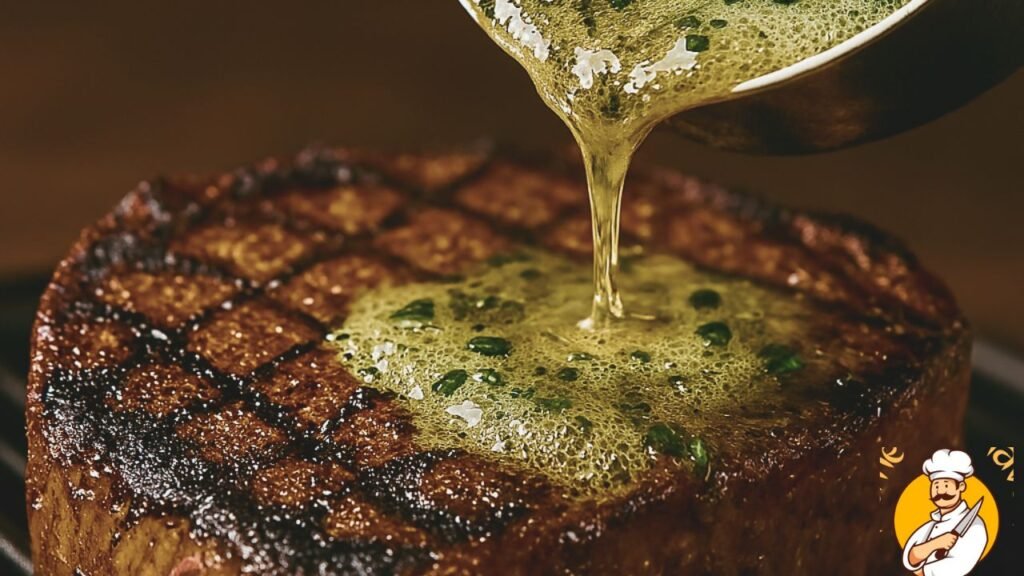Melting garlic herb butter basted over grilled steak
