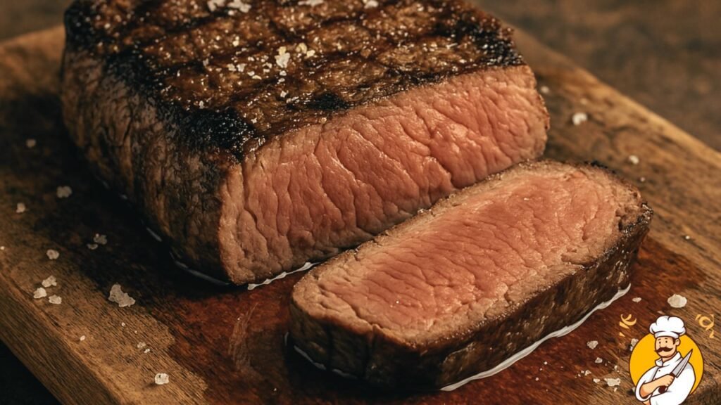 juicy grilled steak resting on wooden cutting board