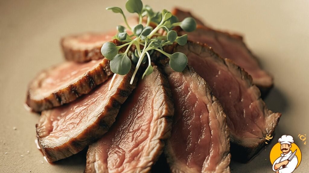 Sliced grilled steak cut against the grain for tenderness