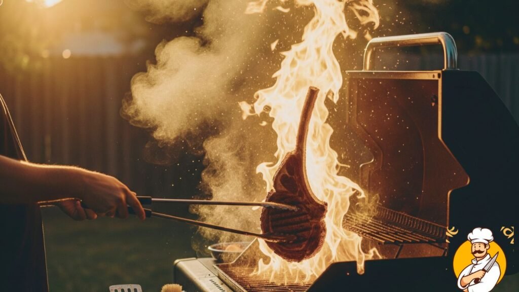 Chef using tongs to move steak during gas grill flare-up