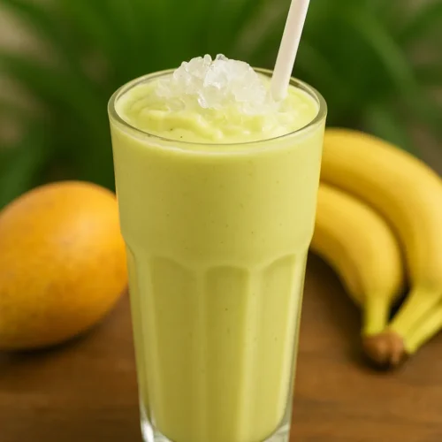 Filipino avocado shake (smoothie) in a tall glass with crushed ice and a straw.