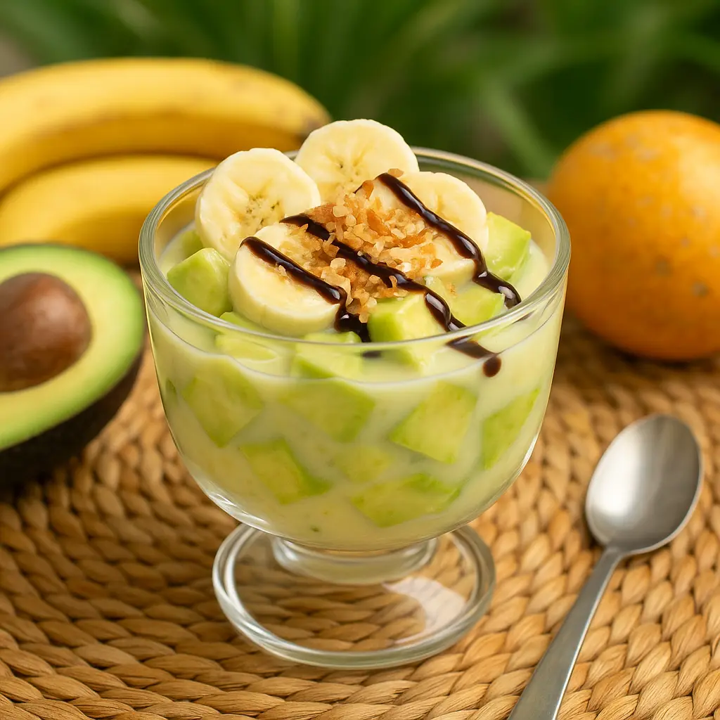 Filipino avocado dessert topped with banana slices, toasted coconut, and chocolate syrup
