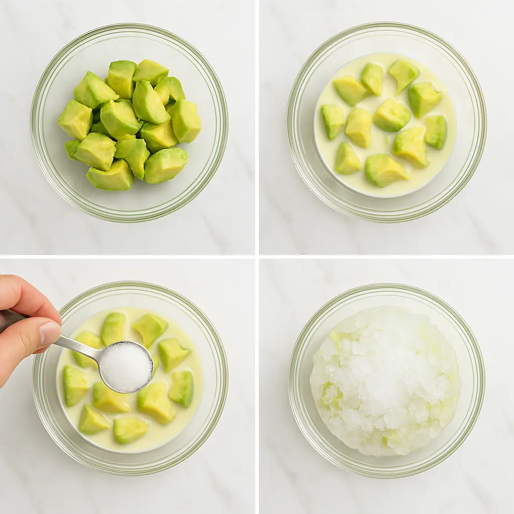 Step-by-step process of making Filipino avocado dessert with avocado, milk, sugar, and ice in a bowl.