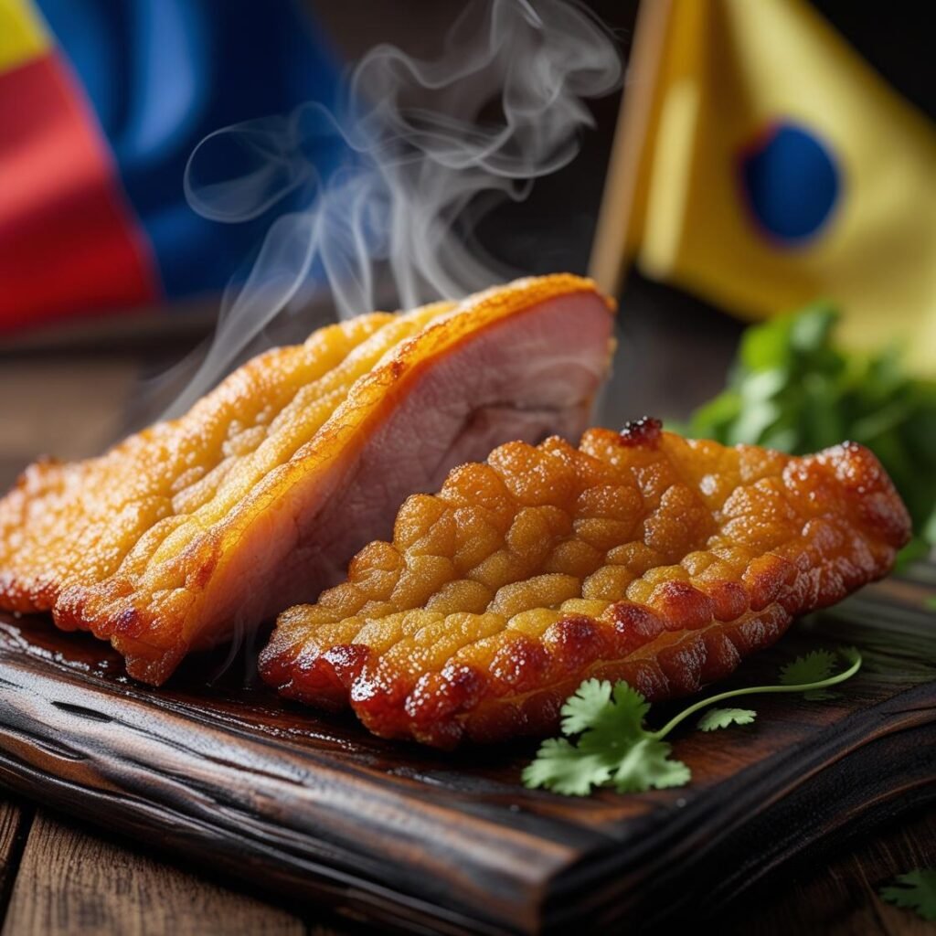 Golden crispy Colombian chicharrón (fried pork belly) with juicy meat inside