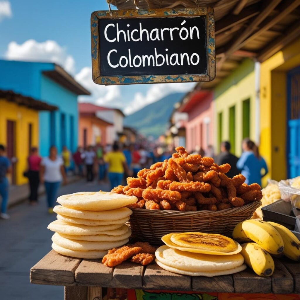 Colombian street vendor serving chicharrón
