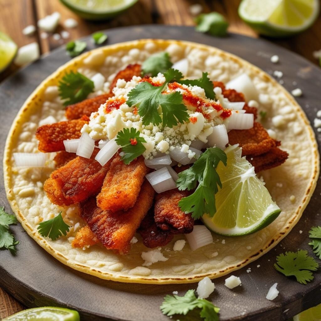 Crispy chicharrón tacos with onion, cilantro and lime
