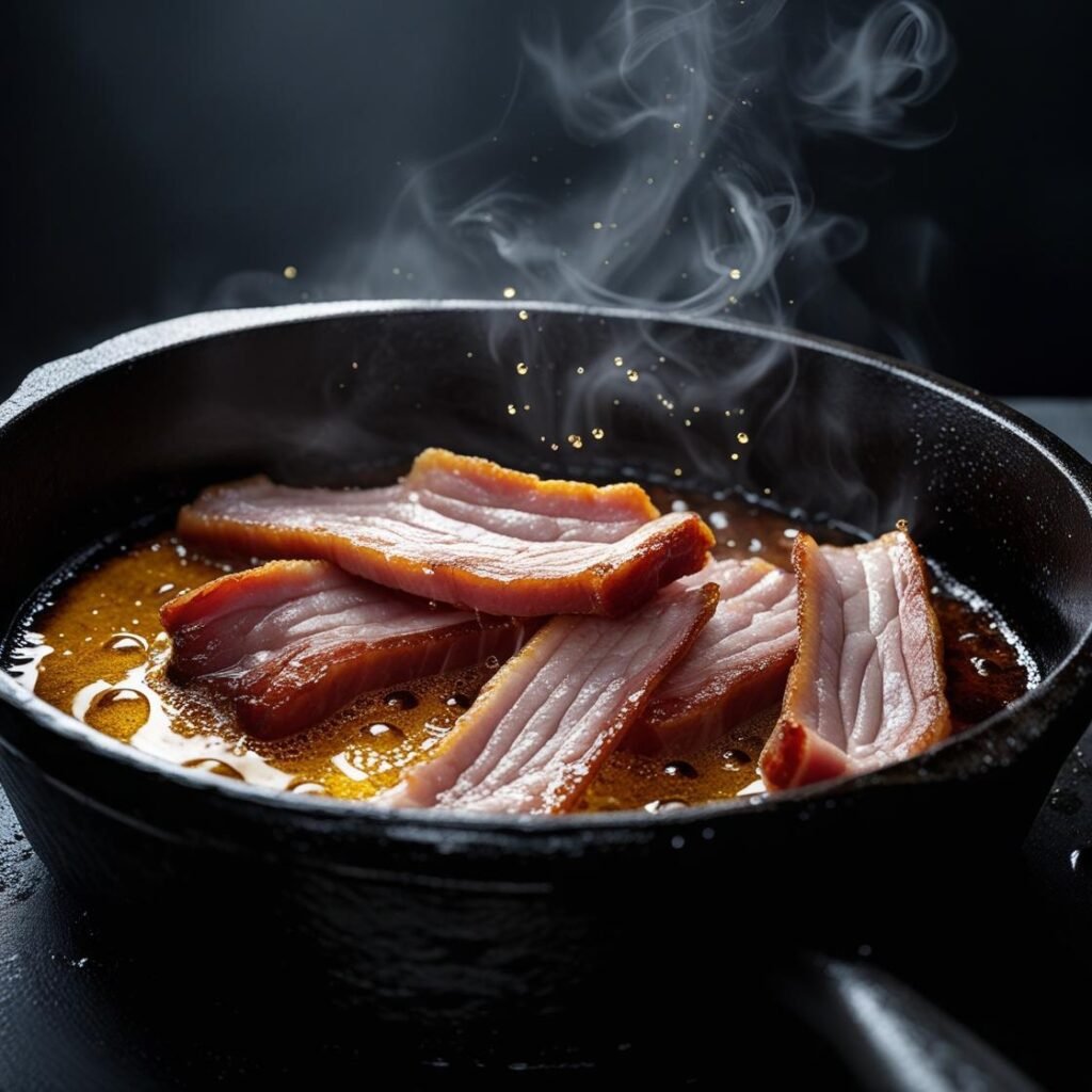 Pork belly frying in cast iron pot for authentic chicharrón