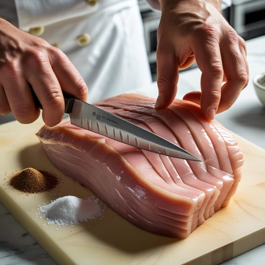 Chef scoring pork belly skin for extra crispy chicharrón