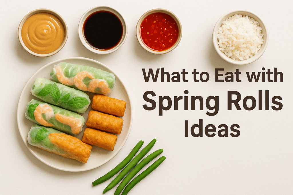 Spring rolls with dipping sauces, steamed rice, and green beans on a clean white background