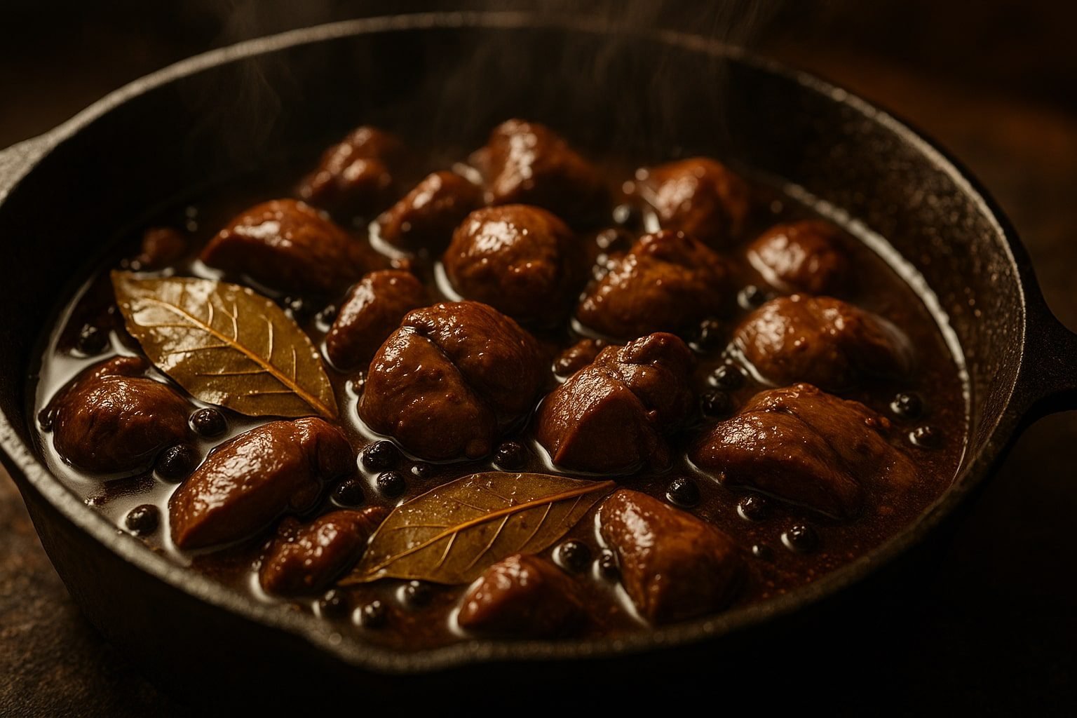 Cinematic close-up of classic Filipino chicken liver adobo simmering in a rustic pan with glossy sauce and bay leaves