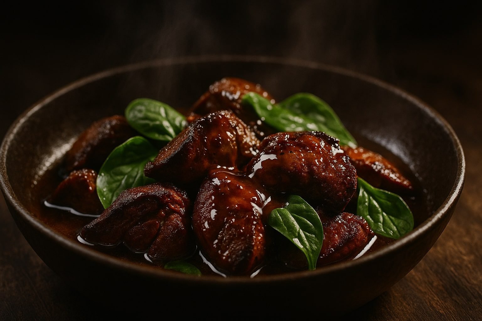 Cinematic close-up of crispy chicken liver adobo with golden edges, spinach leaves, and glossy adobo sauce