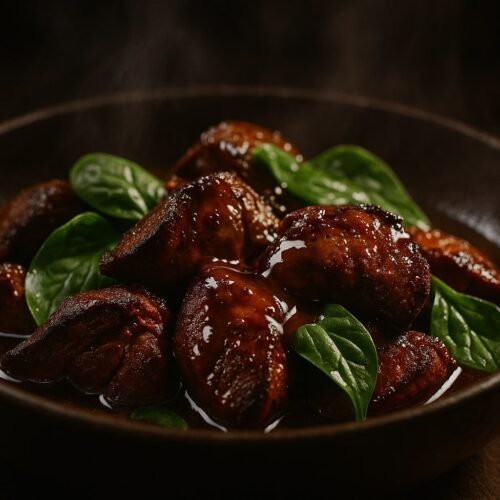 Ingredients section: Cinematic flat lay of livers, garlic, soy sauce, vinegar, bay leaves, peppercorns, onion, and chilies on a wooden table