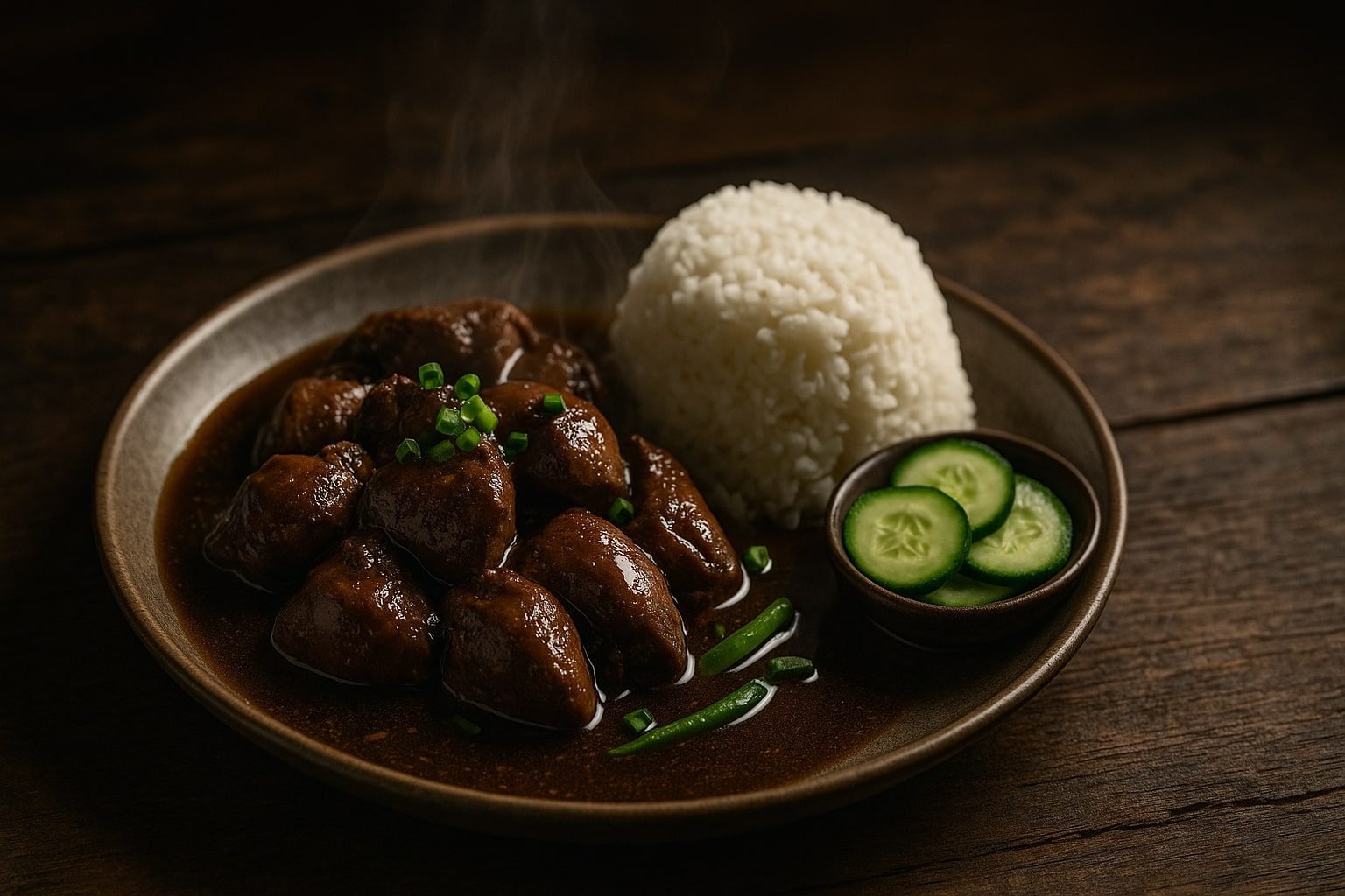 : Cinematic plate of chicken liver adobo served with steamed rice, cucumber salad, and tomatoes on a rustic table