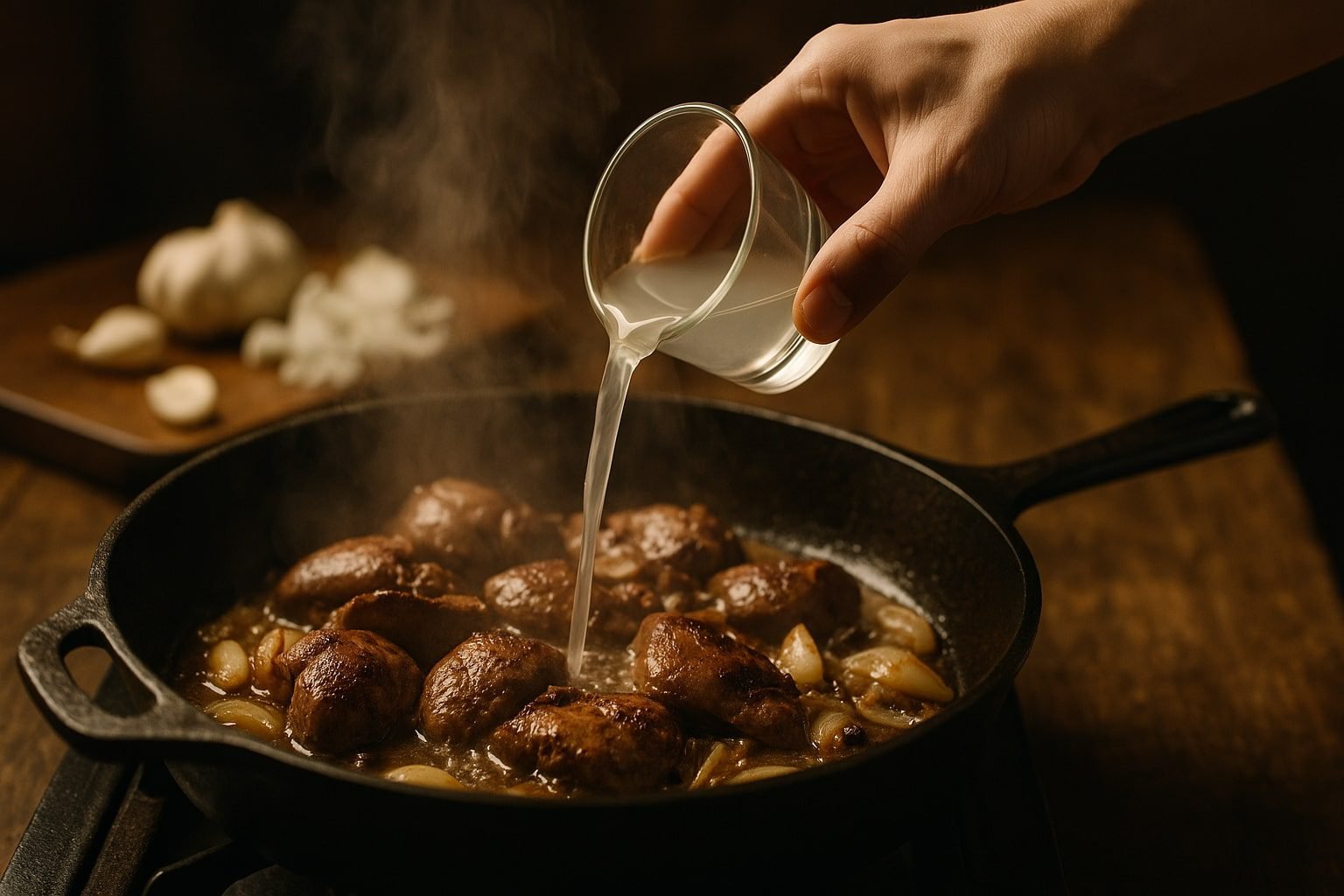Cinematic shot of a cook’s hand pouring vinegar into a sizzling pan of chicken livers with steam rising