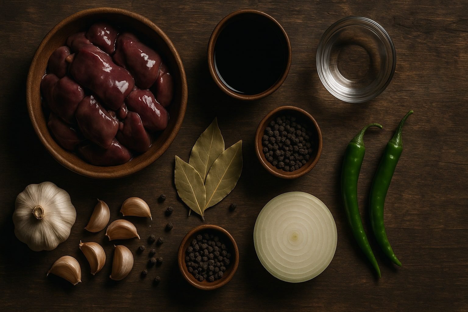 Cinematic flat lay of chicken livers, garlic, soy sauce, vinegar, bay leaves, peppercorns, onion, and chilies arranged on a wooden table