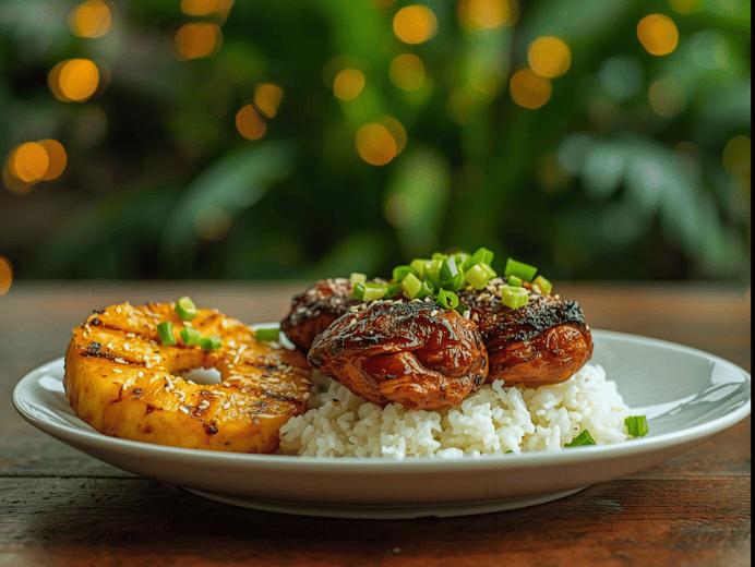 Plated Huli Huli Chicken dinner with thighs, rice, and grilled pineapple, garnished with green onions and sesame seeds.